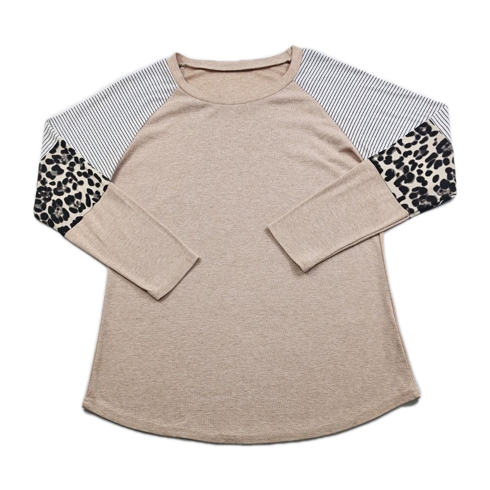 Womens Large Leopard Print Black Striped Crewneck Khaki Pullover Long Sleeve Top
